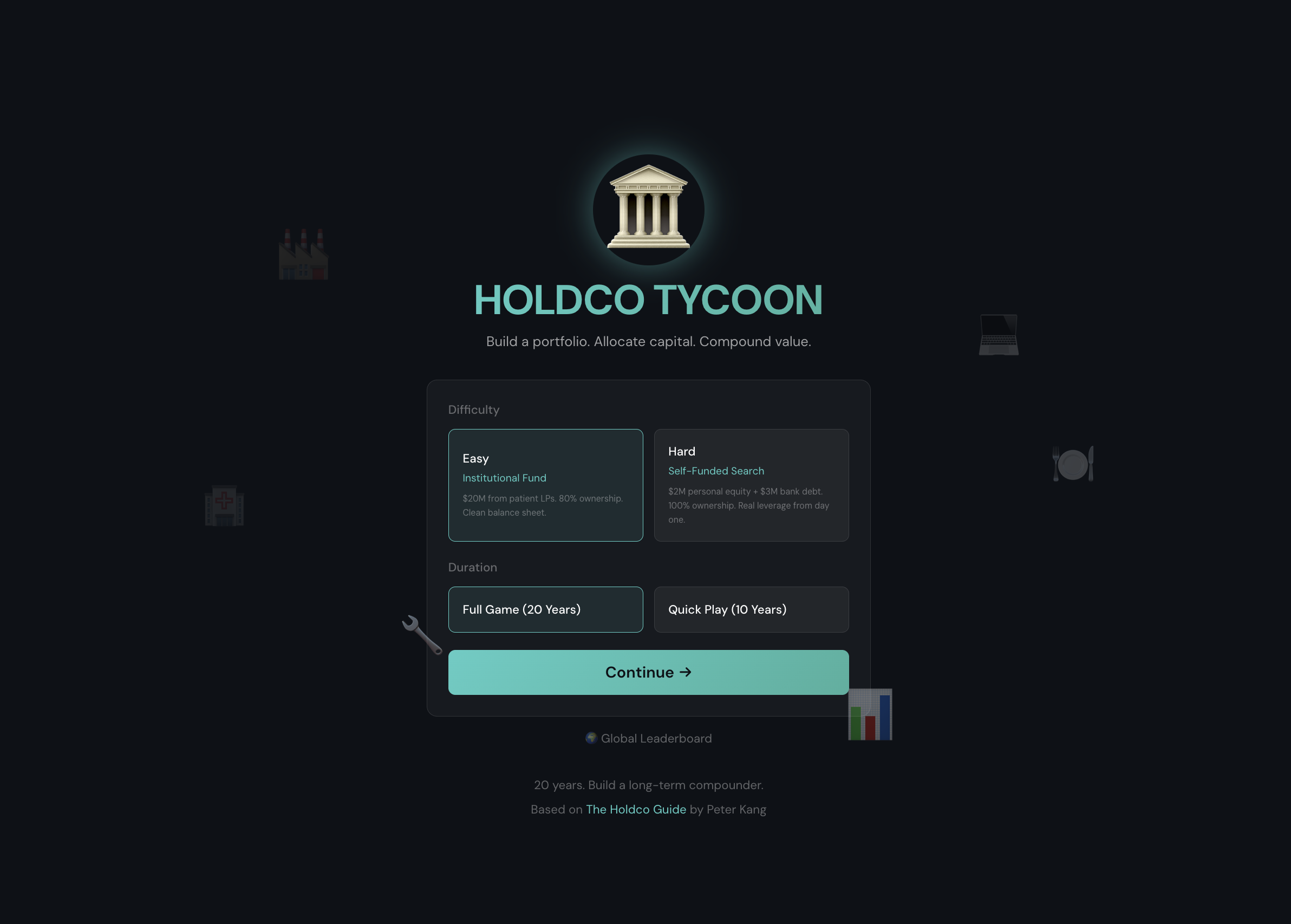 Holdco Tycoon — game setup screen